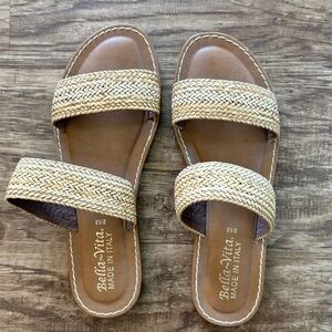Woven strappy Bella Vita Leather Slide Sandals Sz 8M brown tan rattan beach